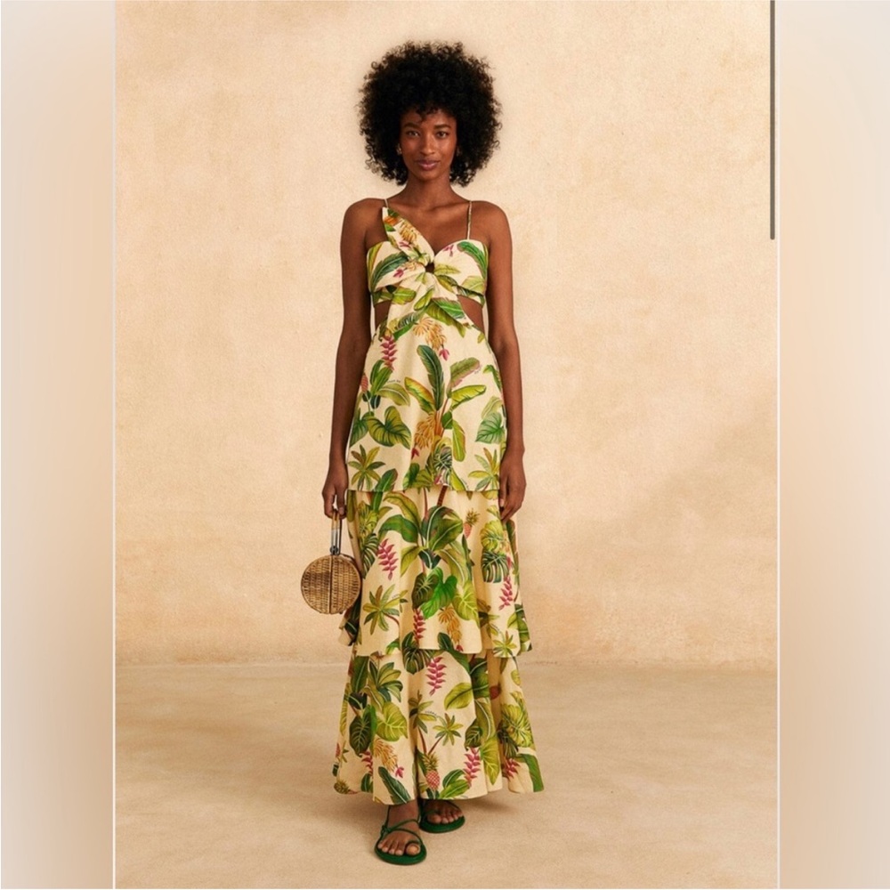 Farm Rio Fruit Forest open-back floral-print linen-blend maxi dress Sz.M NWT